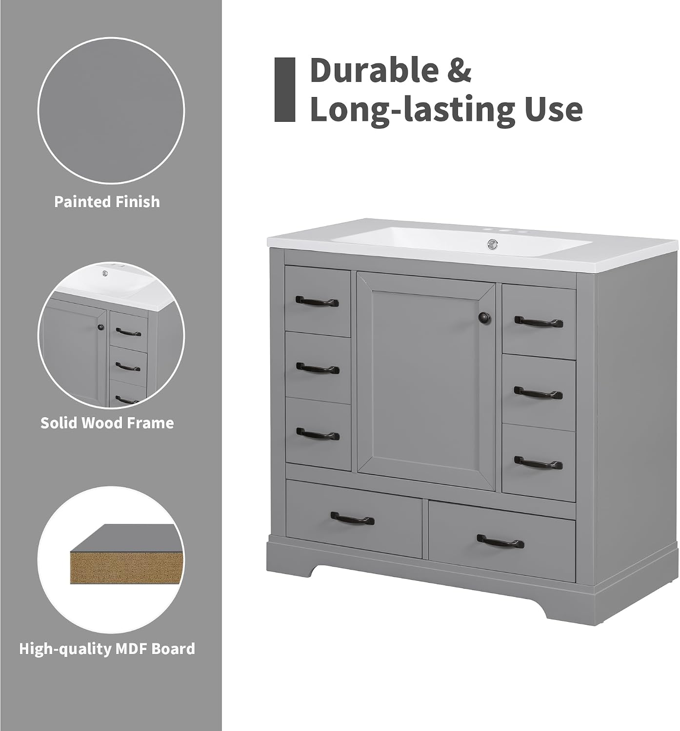 Favfurish 36' Bathroom Vanity Without Top Sink,6-Drawer Freestanding Cabinet Base with Multi-Functional Divider & Adjustable Shelf,Solid Wood MDF Vanity Only, Water Resistant,Grey