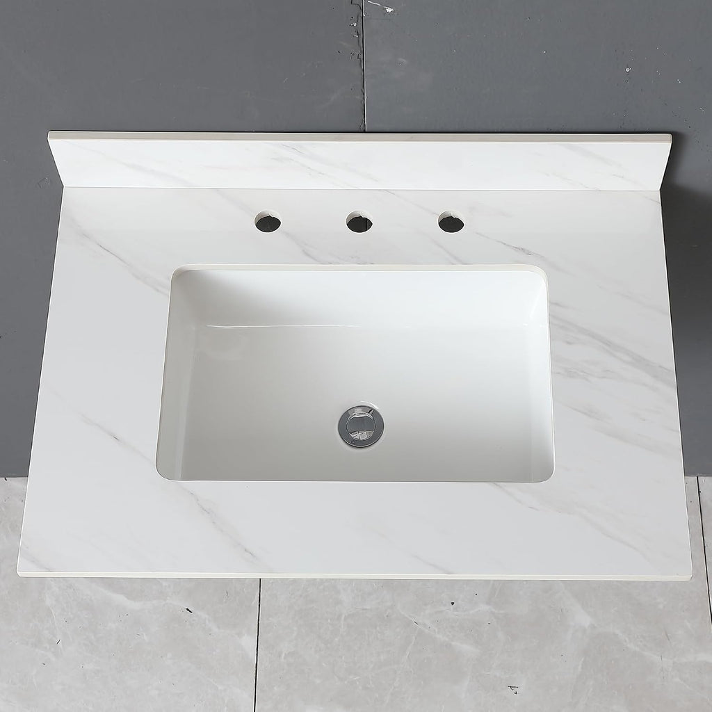 Leavader 31 x 22 Inch Bathroom Vanity with Sink, Elegant White Sintered Stone Marble Top with Rectangular Undermount Sink & Backsplash