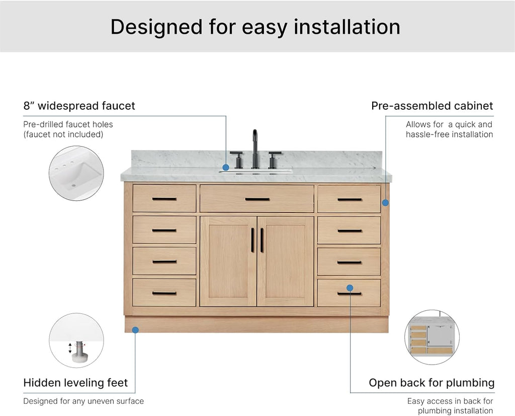 ARIEL Hepburn 60-inch Bathroom Vanity with Sink,Solid Wood, 1.5-inch Italian Carrara Marble Countertop, Single Rectangular Porcelain Sink, 2 Soft Closing Doors, 9 Dovetail Drawers, White Oak