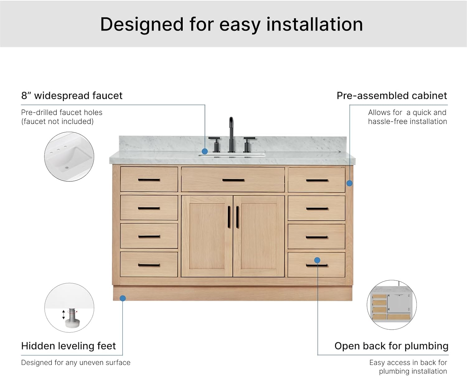ARIEL Hepburn 60-inch Bathroom Vanity with Sink,Solid Wood, 1.5-inch Italian Carrara Marble Countertop, Single Rectangular Porcelain Sink, 2 Soft Closing Doors, 9 Dovetail Drawers, White Oak