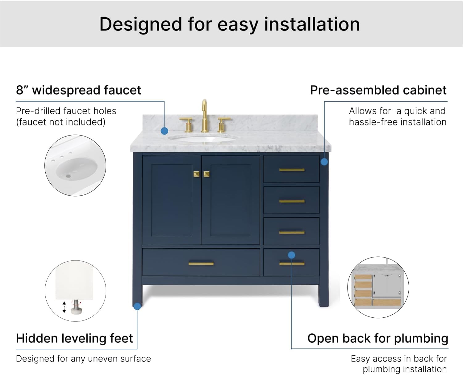 ARIEL Cambridge 42-inch Bathroom Vanity with Sink,Solid Wood, 1.5-inch Italian Carrara Marble Countertop, Single Oval Porcelain Sink, 2 Soft Closing Doors, 5 Dovetail Drawers, Midnight Blue