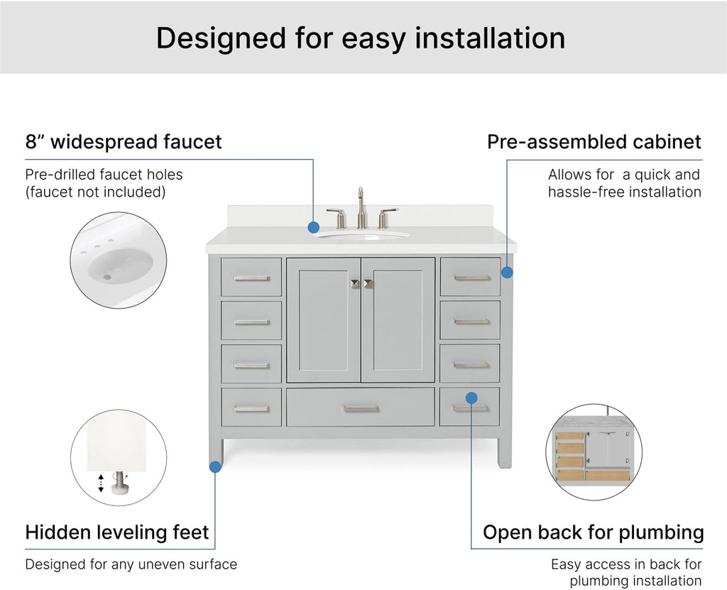 ARIEL Cambridge 48-inch Bathroom Vanity with Sink,Solid Wood, 1.5-inch Pure White Quartz Countertop & Backsplash, Single Oval Porcelain Sink, 2 Soft Closing Doors, 9 Dovetail Drawers, Grey