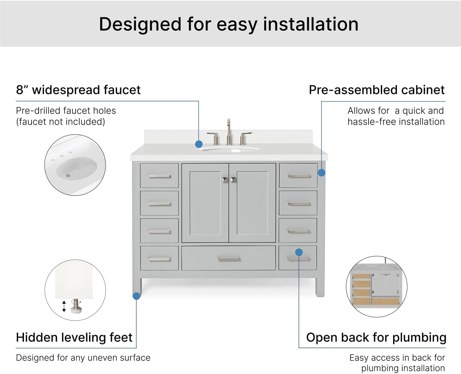 ARIEL Cambridge 48-inch Bathroom Vanity with Sink,Solid Wood, 1.5-inch Pure White Quartz Countertop & Backsplash, Single Oval Porcelain Sink, 2 Soft Closing Doors, 9 Dovetail Drawers, Grey