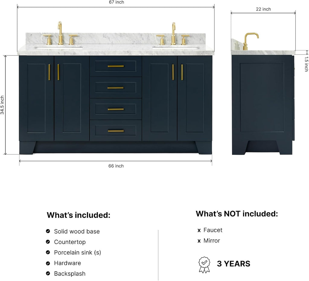 ARIEL Taylor 66-inch Bathroom Vanity with Sink,Solid Wood, 1.5-inch Italian Carrara Marble Countertop, Double Rectangular Porcelain Sink, 4 Soft Closing Doors, 5 Dovetail Drawers, Midnight Blue