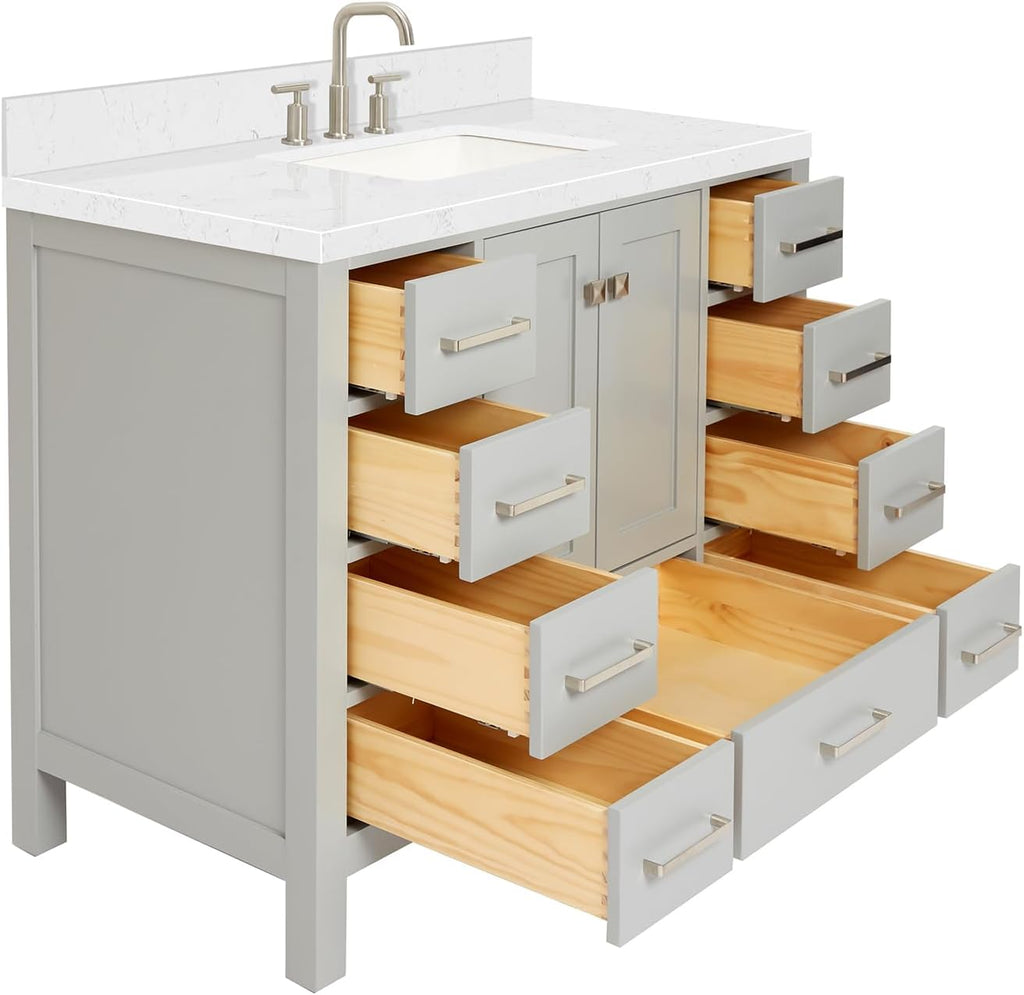 ARIEL Cambridge 42-inch Bathroom Vanity with Sink,Solid Wood, 1.5-inch Carrara White Quartz Countertop, Single Rectangular Porcelain Sink, 2 Soft Closing Doors, 9 Dovetail Drawers, Grey
