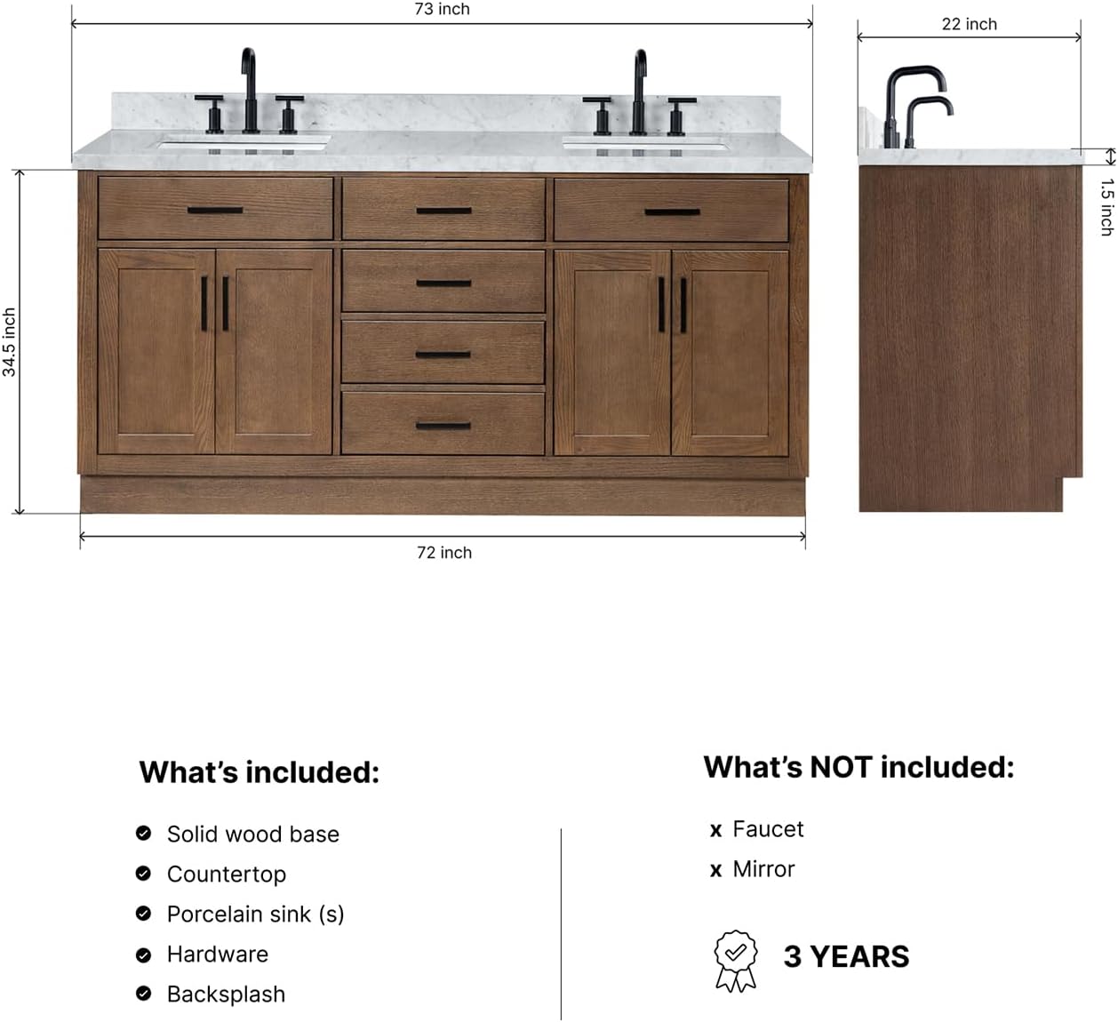 DKB Isabella 72-Inch Brown Oak Double Bathroom Vanity with Sink, 1.5-Inch Edge Italian Carrara Marble Countertop & 4' Backsplash, Soft-Closing Doors & Drawers, Solid Oak Wood Construction