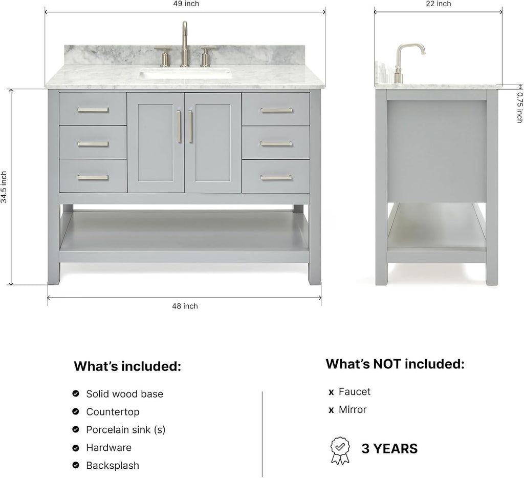 ARIEL Magnolia 48-inch Bathroom Vanity with Sink,Solid Wood, 0.75-inch Italian Carrara Marble Countertop, Single Rectangular Porcelain Sink, 2 Soft Closing Doors, 6 Dovetail Drawers, Grey