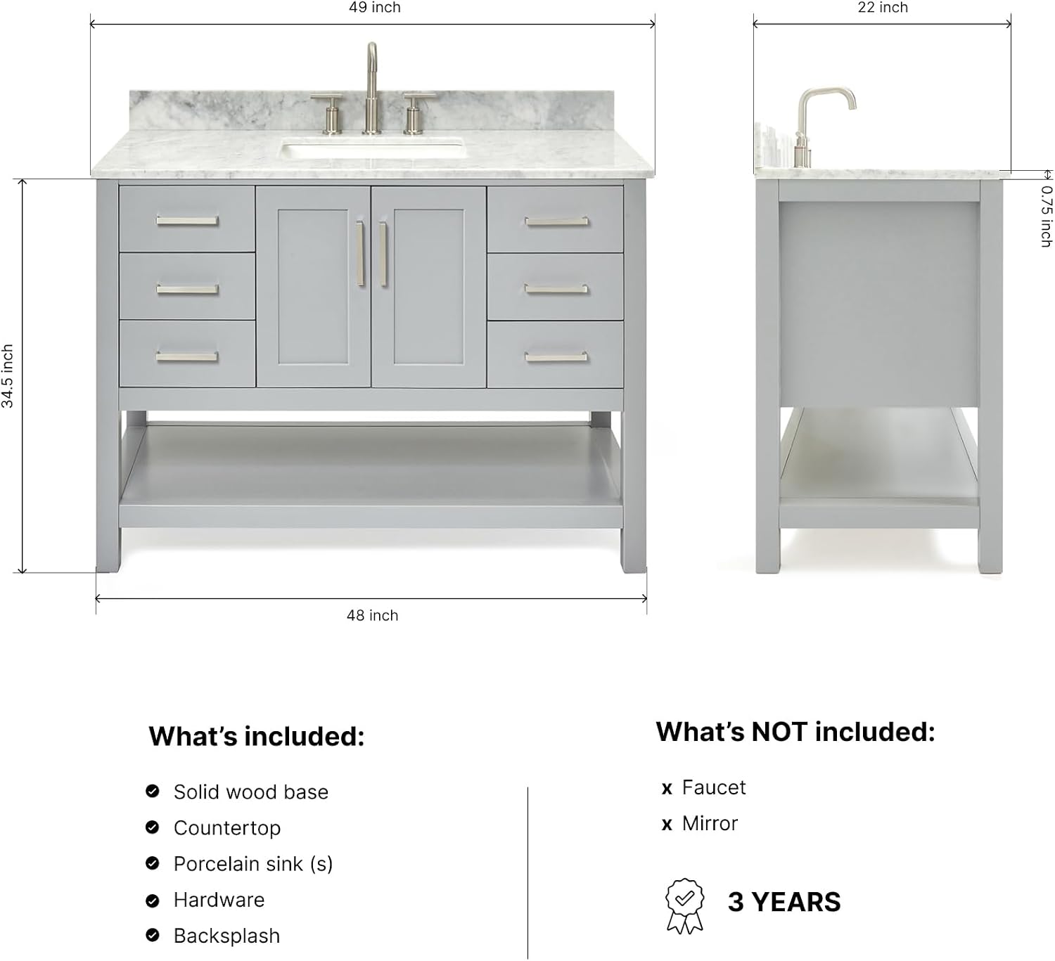 ARIEL Magnolia 48-inch Bathroom Vanity with Sink,Solid Wood, 0.75-inch Italian Carrara Marble Countertop, Single Rectangular Porcelain Sink, 2 Soft Closing Doors, 6 Dovetail Drawers, Grey