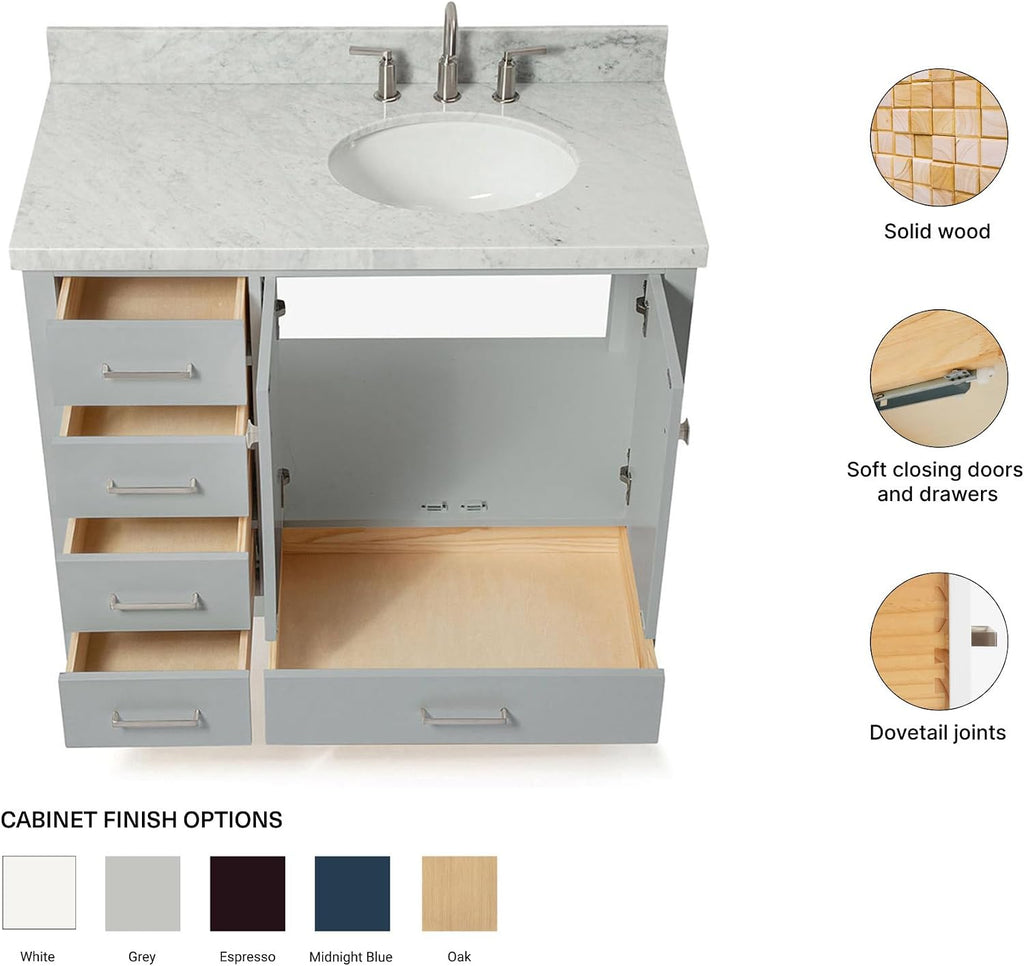 ARIEL Cambridge 42-inch Bathroom Vanity with Sink,Solid Wood, 1.5-inch Italian Carrara Marble Countertop & Backsplash, Single Oval Porcelain Sink, 2 Soft Closing Doors, 5 Dovetail Drawers, Grey