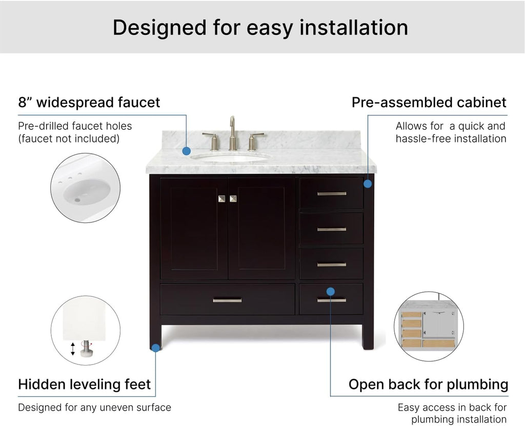 ARIEL Cambridge 42-inch Bathroom Vanity with Sink,Solid Wood, 1.5-inch Italian Carrara Marble Countertop & Backsplash, Single Oval Porcelain Sink, 2 Soft Closing Doors, 5 Dovetail Drawers, Espresso