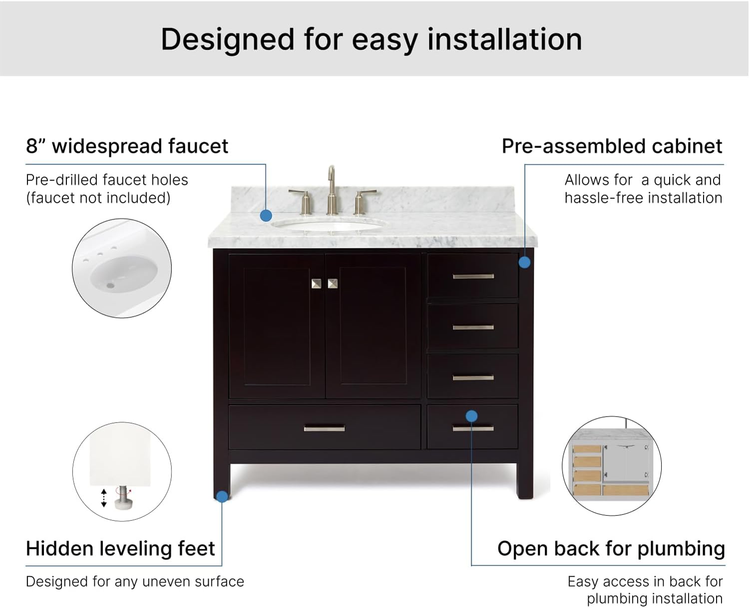 ARIEL Cambridge 42-inch Bathroom Vanity with Sink,Solid Wood, 1.5-inch Italian Carrara Marble Countertop & Backsplash, Single Oval Porcelain Sink, 2 Soft Closing Doors, 5 Dovetail Drawers, Espresso