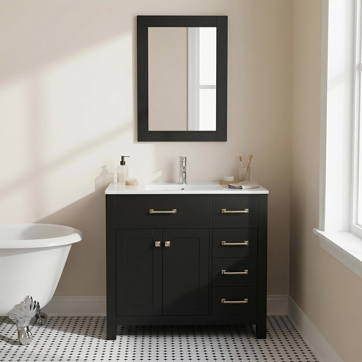 36 inch Bathroom Vanity with Sink Countertop Mirror Faucet Modern Black | Freestanding bathroom vanity cabinet, ceramic single sink combo