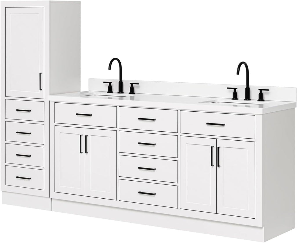 ARIEL Hepburn 93 Inch Includes 20 Inch Linen Cabinet and 1 of 73 Inch Double Rectangle Sink Bathroom Vanity with Pure White Quartz Countertop 1.5 Inch in White