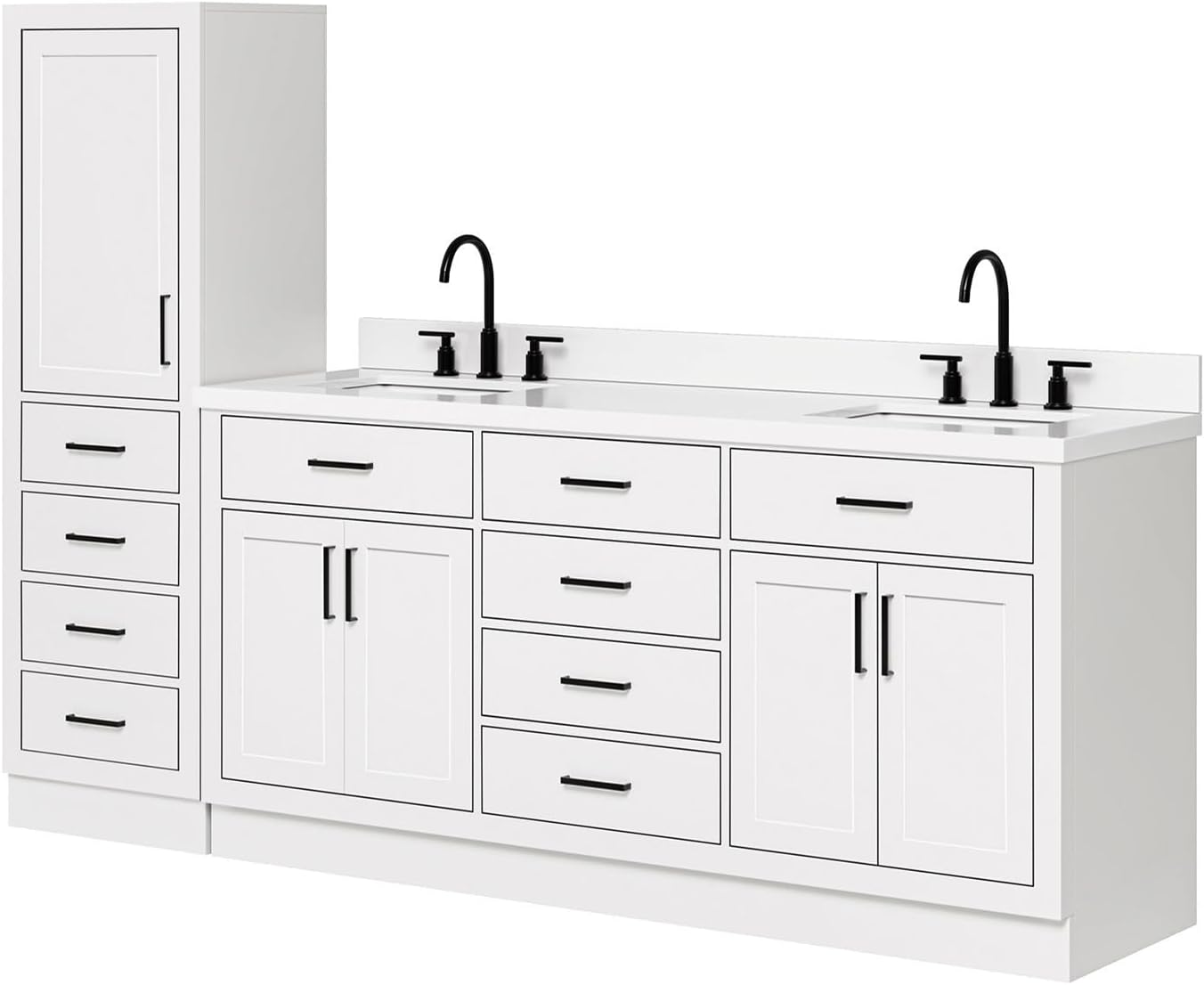 ARIEL Hepburn 93 Inch Includes 20 Inch Linen Cabinet and 1 of 73 Inch Double Rectangle Sink Bathroom Vanity with Pure White Quartz Countertop 1.5 Inch in White