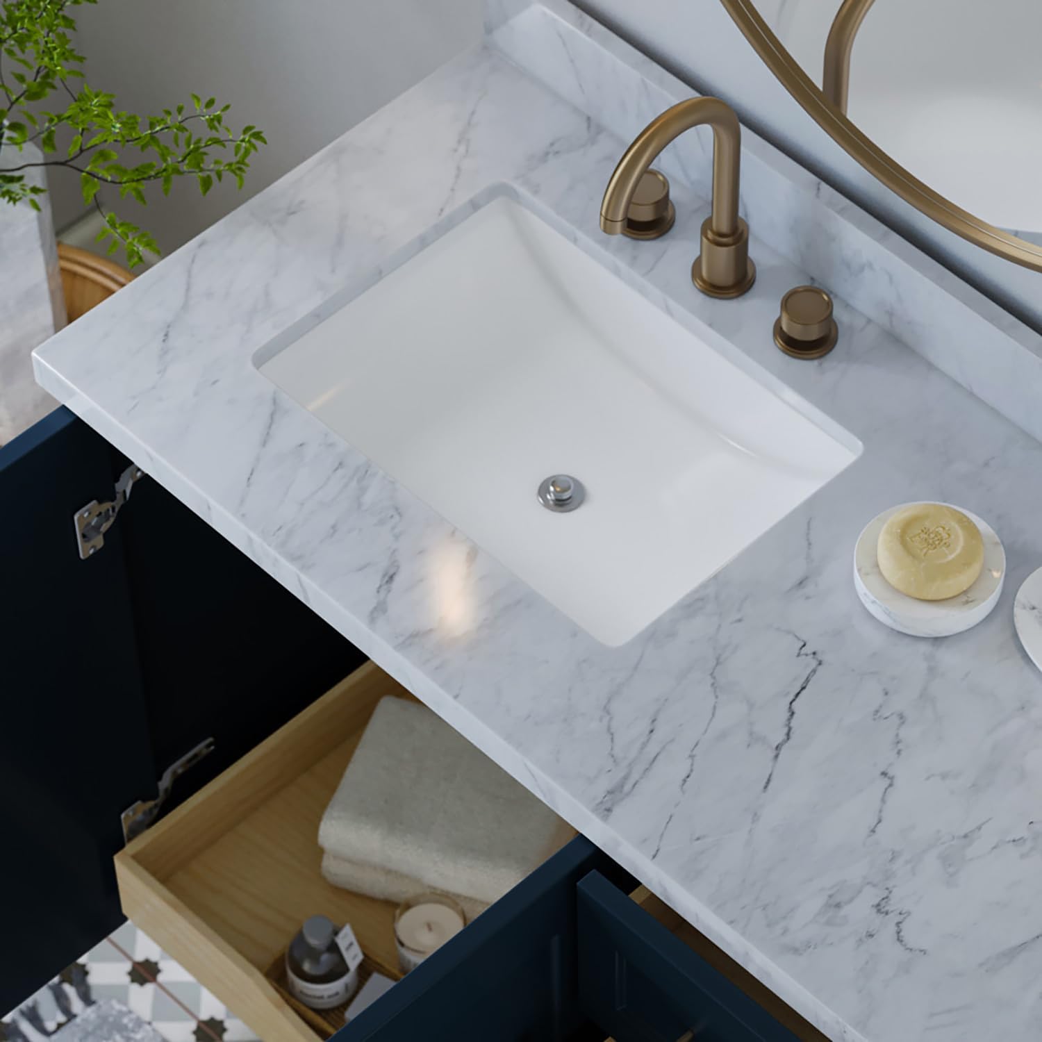 ARIEL Taylor 42-inch Bathroom Vanity with Sink,Solid Wood, 1.5-inch Italian Carrara Marble Countertop, Single Rectangular Porcelain Sink, 2 Soft Closing Doors, 5 Dovetail Drawers, Midnight Blue