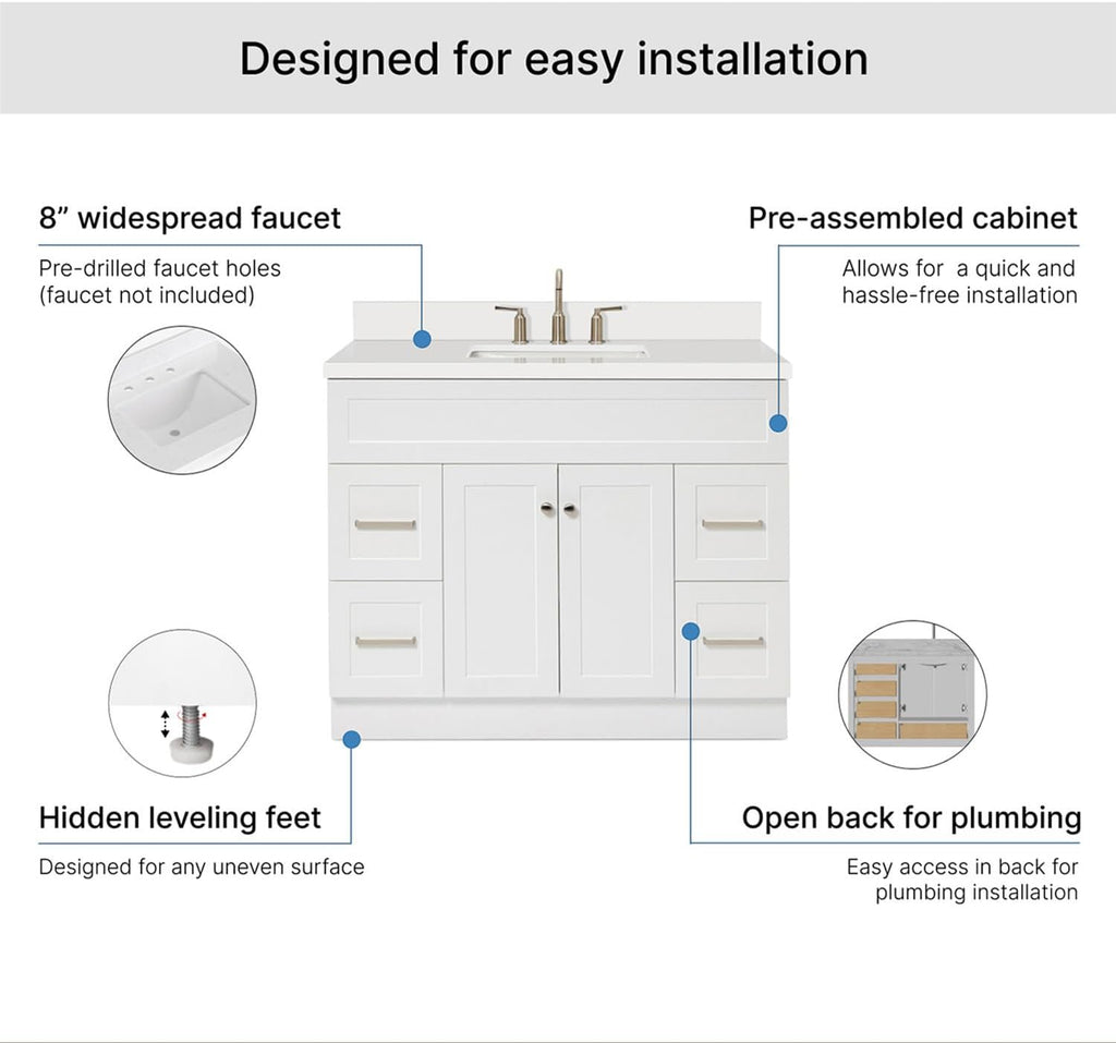 ARIEL Hamlet 42-inch Bathroom Vanity with Sink,Solid Wood, 1.5-inch Pure White Quartz Countertop & Backsplash, Single Oval Sink, 2 Soft Closing Doors, 4 Dovetail Drawers, White