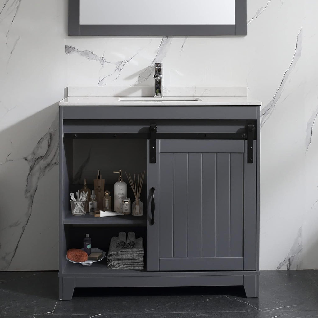 36 inch Bathroom Vanity with Sink Top Mirror Sliding Barn Door Dark Grey | Freestanding farmhouse bathroom vanity cabinet, ceramic single sink combo