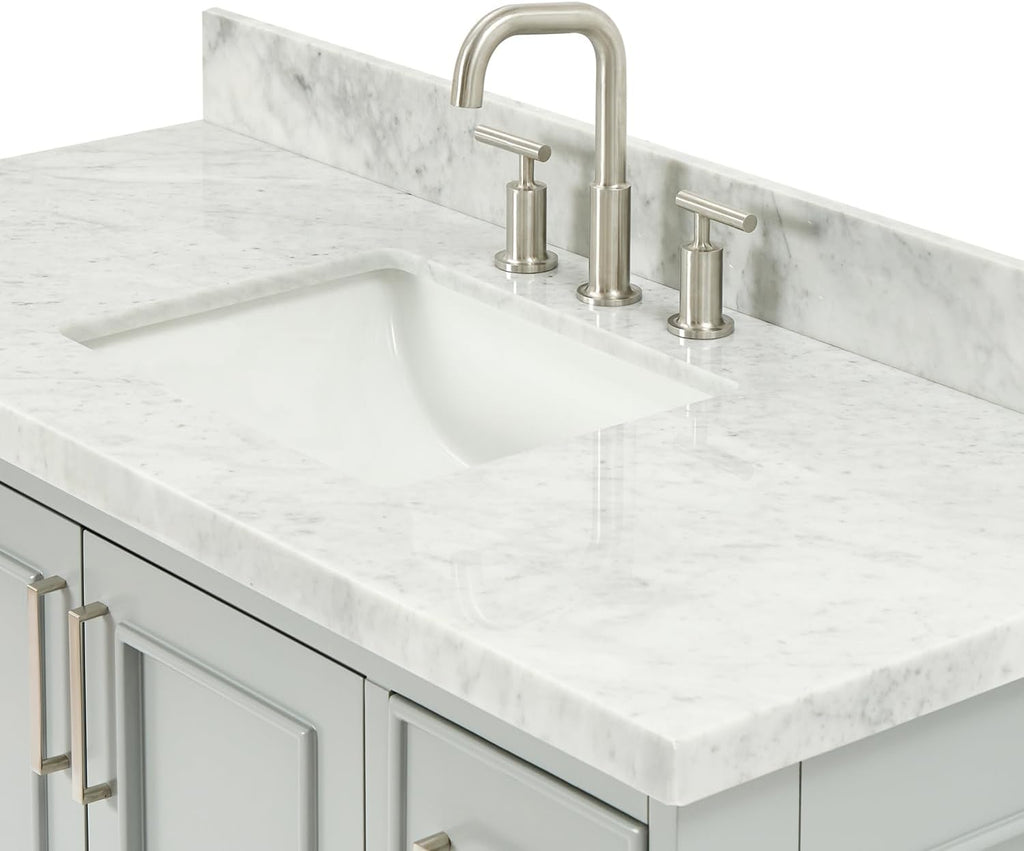 ARIEL Stafford 48-inch Bathroom Vanity with Sink,Solid Wood, 1.5-inch Italian Carrara Marble Countertop, Single Rectangular Porcelain Sink, 2 Soft Closing Doors, 9 Dovetail Drawers, Grey