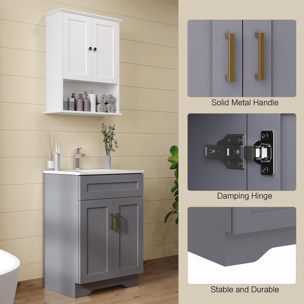 24 Inch Bathroom Vanity with Ceramic Basin and Countertop, Modern Bathroom Vanity with Sink, Narrow Design for Small Bathroom (Grey)