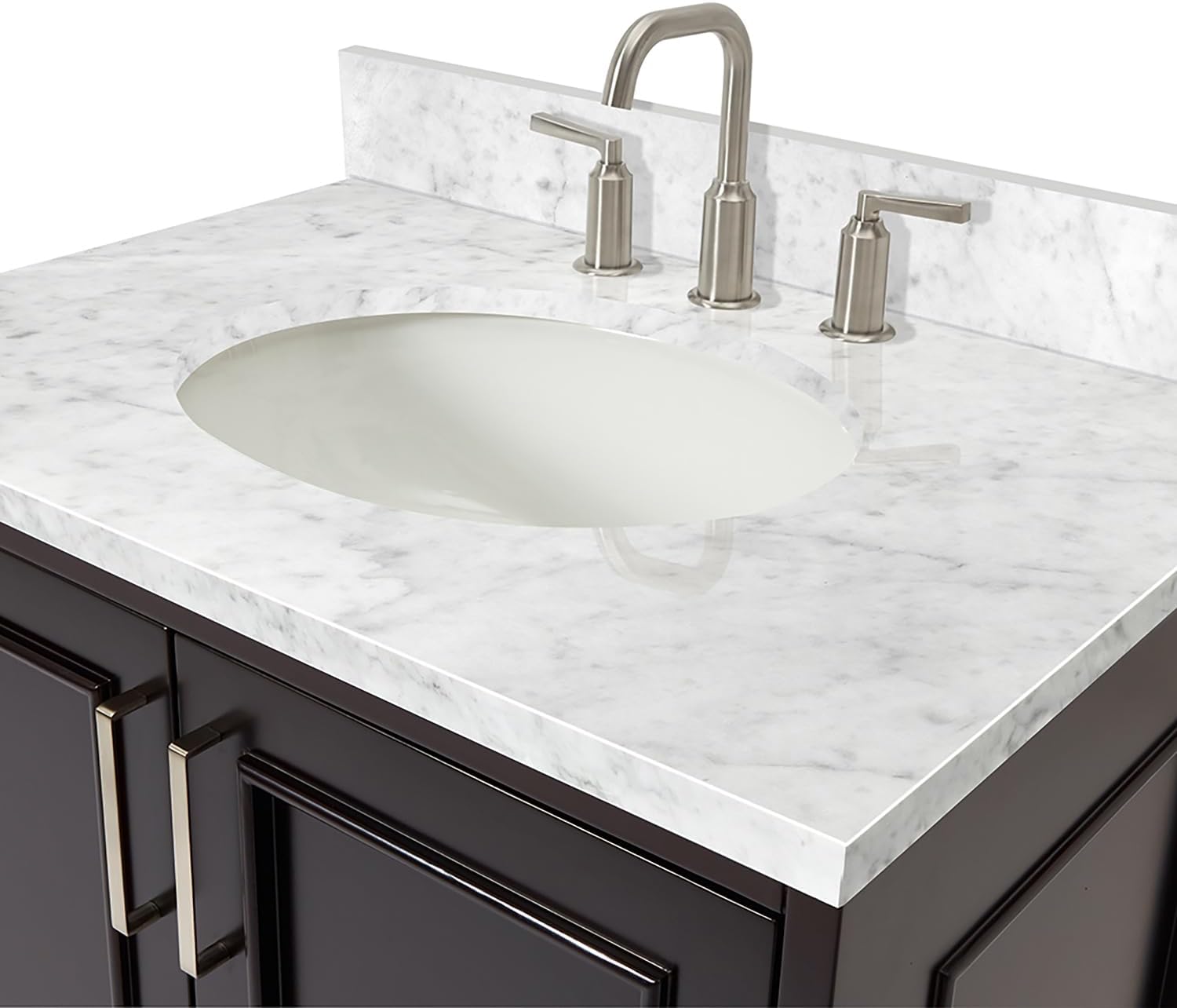 ARIEL Stafford 30-inch Bathroom Vanity with Sink,Solid Wood, 0.75-inch Italian Carrara Marble Countertop & Backsplash, Single Oval Porcelain Sink, 2 Soft Closing Doors, 1 Dovetail Drawers, Espresso