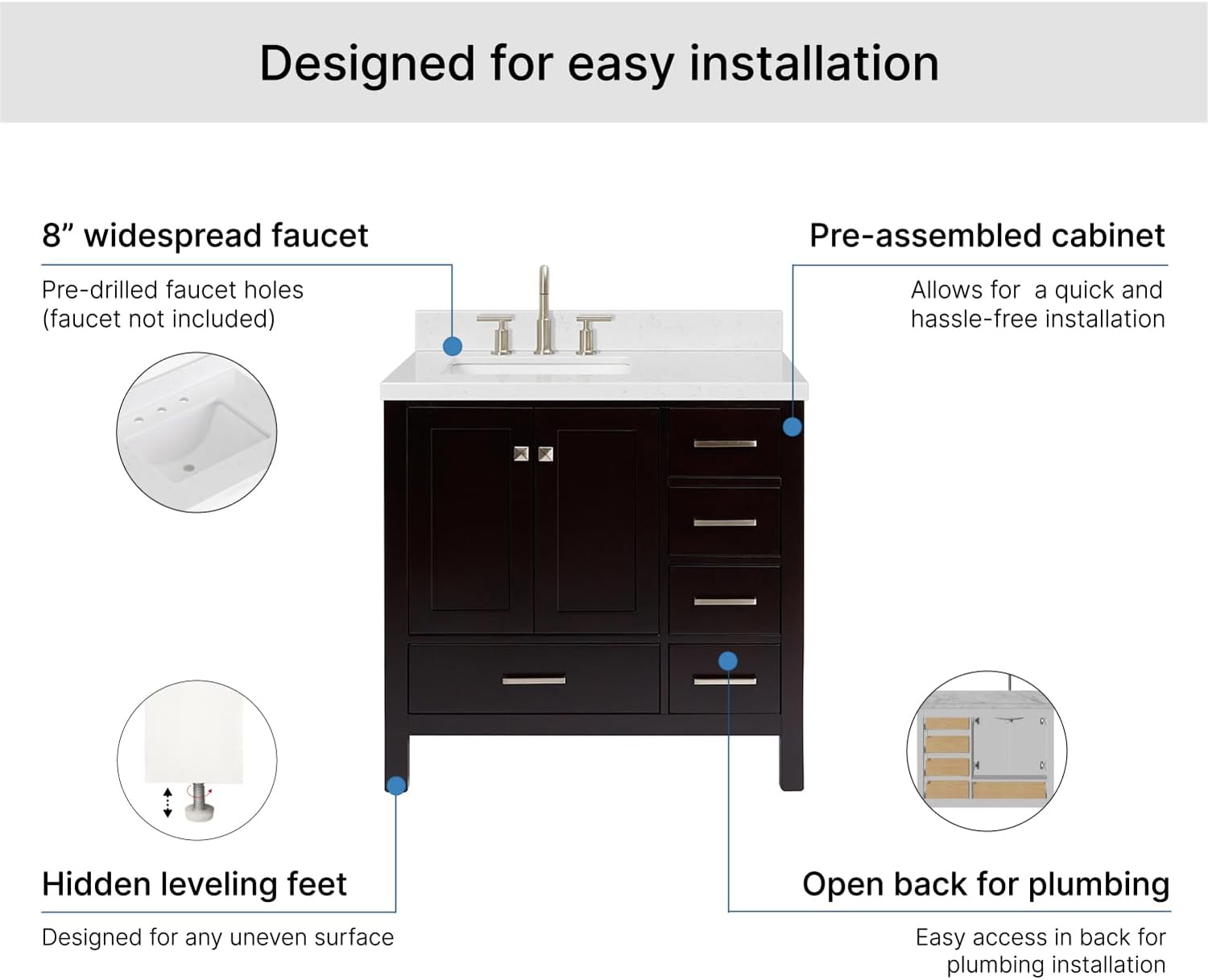 ARIEL Cambridge 36-inch Bathroom Vanity with Sink,Solid Wood, 1.5-inch Carrara White Quartz Countertop, Single Rectangular Porcelain Sink, 2 Soft Closing Doors, 5 Dovetail Drawers, Espresso