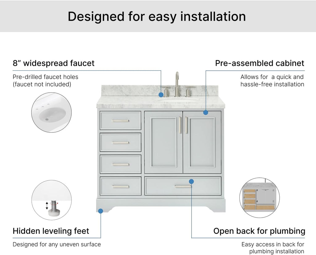 DKB Langford 42-inch Grey Bathroom Vanity with Right Oval Single Sink, Italian Carrara Marble Countertop & Backsplash, Solid Wood Frame, Soft-Closing & Dovetail Drawers