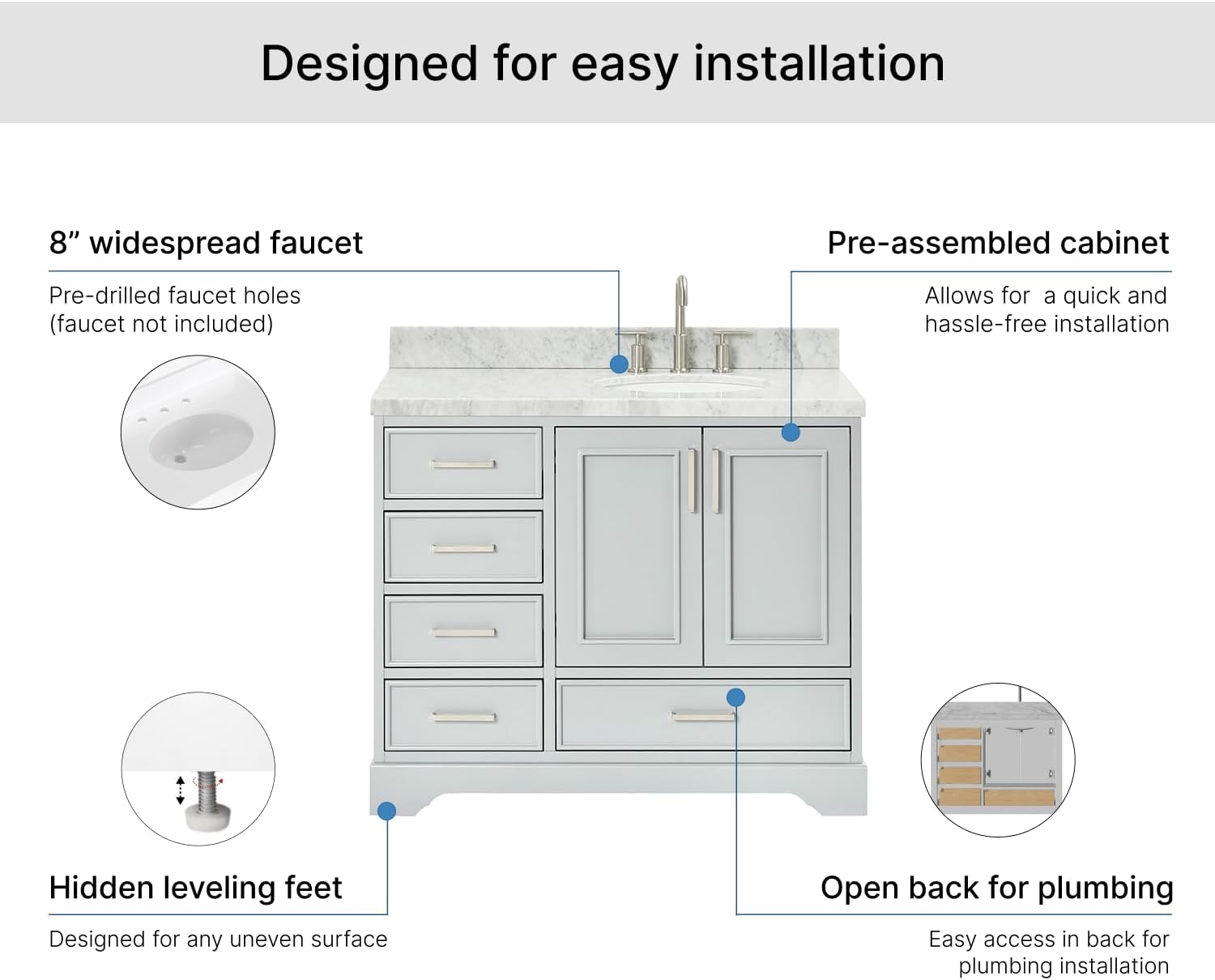 DKB Langford 42-inch Grey Bathroom Vanity with Right Oval Single Sink, Italian Carrara Marble Countertop & Backsplash, Solid Wood Frame, Soft-Closing & Dovetail Drawers