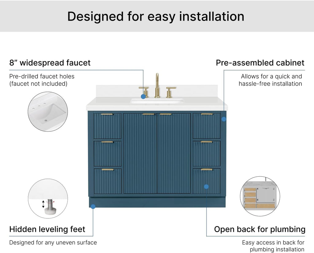 ARIEL Milan 48-inch Bathroom Vanity with Sink,Solid Wood, 1.5-inch Pure White Quartz Countertop, Single Rectangular Porcelain Sink, Soft Closing Doors, Dovetail Drawers, Vintage Blue