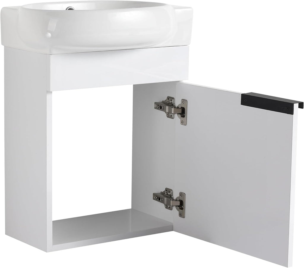 Malwee 16 Inch Floating Bathroom Vanity with Sink, 16'' Wall Mounted Single Sink Bathroom Vanity Combo, Modern White Cabinet Set with 1 Soft Close Door and Ceramics Basin Top,MAF02916-GWH