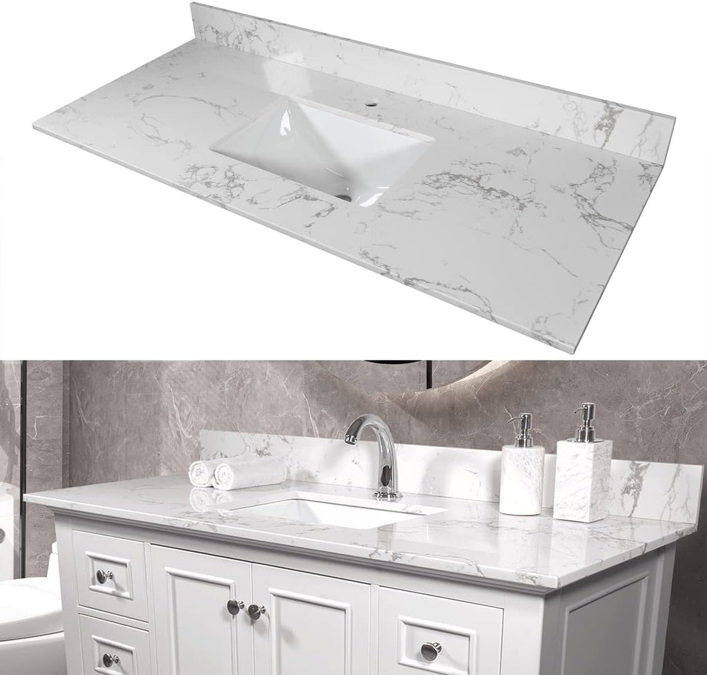 43 Inch Marble Vanity Top with Sink, Engineered Stone Vanity Sink Top with Undermount Ceramic Sink & Backsplash, Single Hole Countertops for Bathroom (Carrara White)