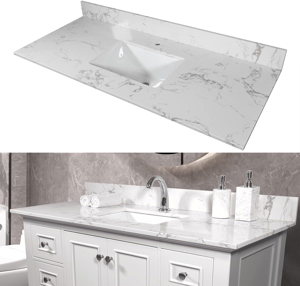 43 Inch Marble Vanity Top with Sink, Engineered Stone Vanity Sink Top with Undermount Ceramic Sink & Backsplash, Single Hole Countertops for Bathroom (Carrara White)