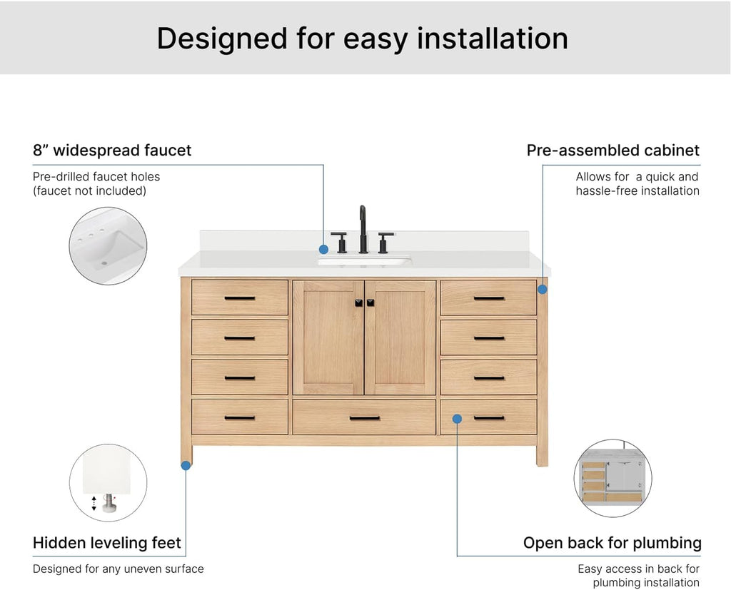 ARIEL Cambridge 66-inch Bathroom Vanity with Sink,Solid Wood, 1.5-inch Pure White Quartz Countertop, Single Rectangular Porcelain Sink, 2 Soft Closing Doors, 9 Dovetail Drawers, White Oak