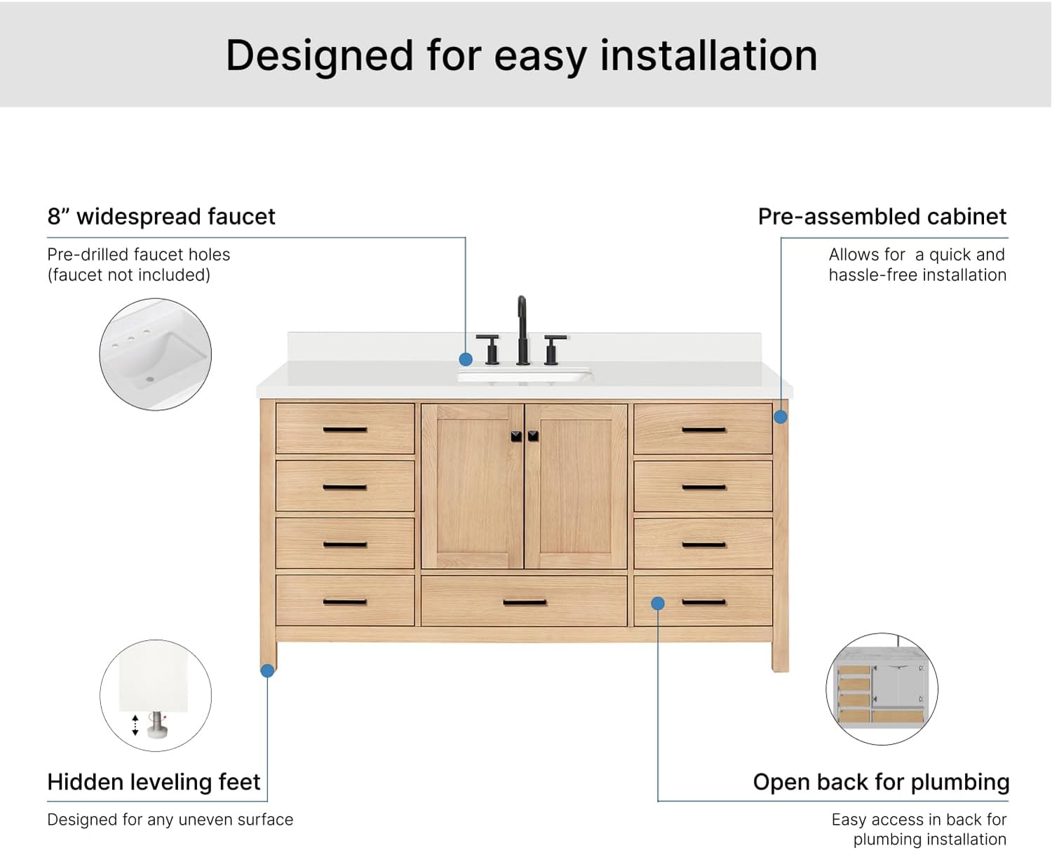 ARIEL Cambridge 66-inch Bathroom Vanity with Sink,Solid Wood, 1.5-inch Pure White Quartz Countertop, Single Rectangular Porcelain Sink, 2 Soft Closing Doors, 9 Dovetail Drawers, White Oak