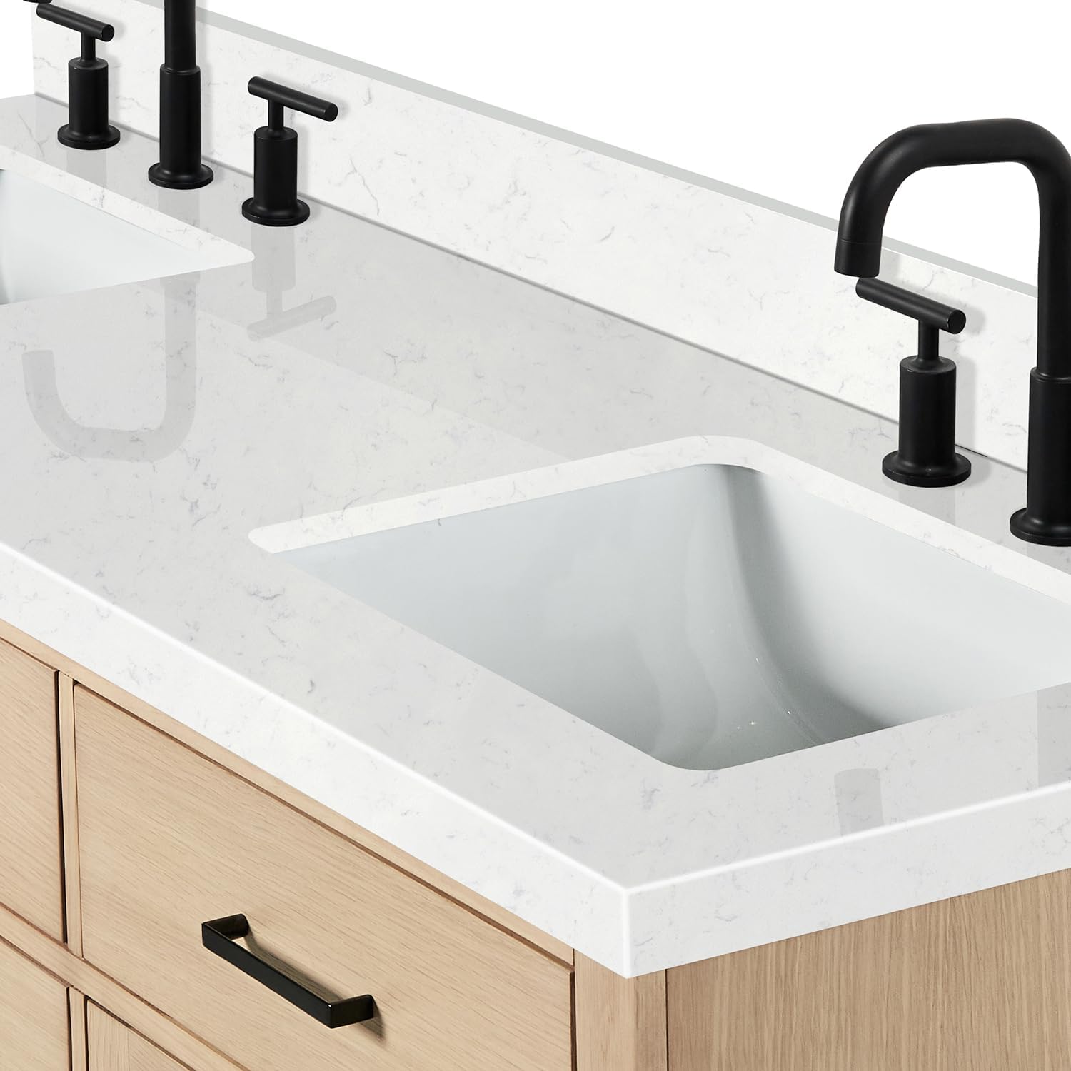 ARIEL Hepburn 66-inch Bathroom Vanity with Sink,Solid Wood, 1.5-inch Carrara White Quartz Countertop, Double Rectangular Porcelain Sink, 4 Soft Closing Doors, 6 Dovetail Drawers, White Oak