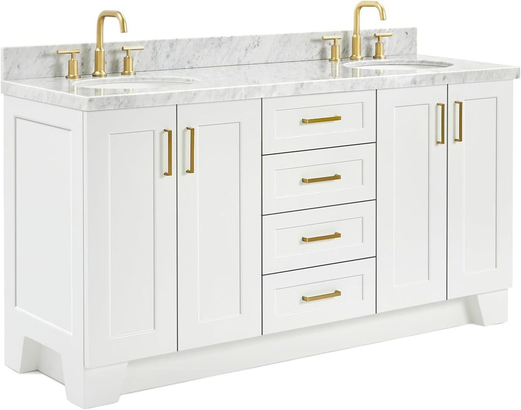 ARIEL Taylor 66-inch Bathroom Vanity with Sink,Solid Wood, 1.5-inch Italian Carrara Marble Countertop & Backsplash, Double Oval Porcelain Sink, 4 Soft Closing Doors, 5 Dovetail Drawers, White