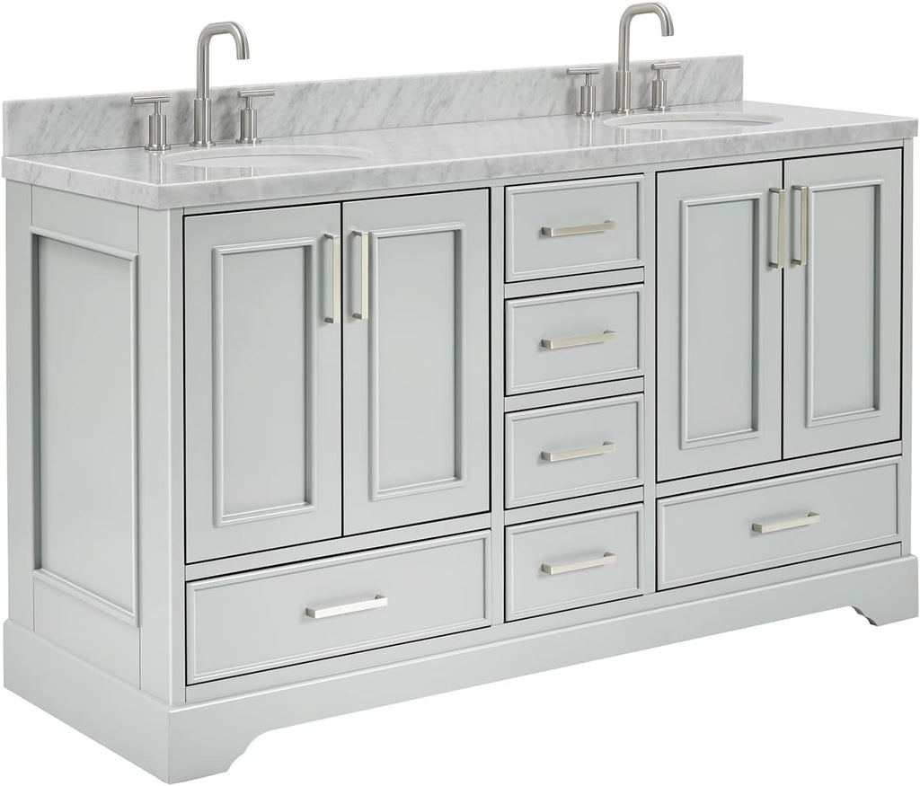 ARIEL Stafford 60-inch Bathroom Vanity with Sink,Solid Wood, 1.5-inch Italian Carrara Marble Countertop & Backsplash, Double Oval Porcelain Sink, 4 Soft Closing Doors, 6 Dovetail Drawers, Grey
