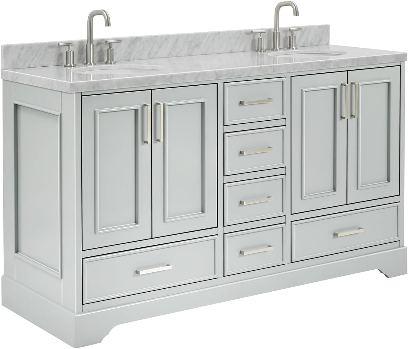 ARIEL Stafford 60-inch Bathroom Vanity with Sink,Solid Wood, 1.5-inch Italian Carrara Marble Countertop & Backsplash, Double Oval Porcelain Sink, 4 Soft Closing Doors, 6 Dovetail Drawers, Grey