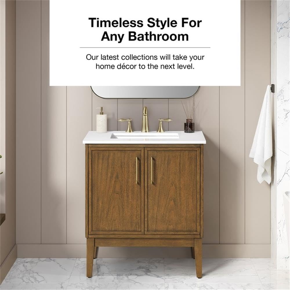 Pemberly Row 30' Bathroom Vanity, Warm Walnut Finish, White Engineered Stone Countertop with Rectangular Undermount Sink, Adjustable Shelf, Soft-Close Doors, Small Bathrooms or Powder Rooms