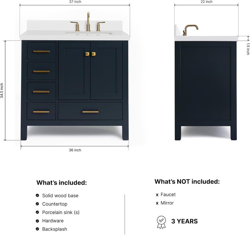 ARIEL Cambridge 36-inch Bathroom Vanity with Sink,Solid Wood, 1.5-inch Pure White Quartz Countertop, Single Rectangular Porcelain Sink, 2 Soft Closing Doors, 5 Dovetail Drawers, Midnight Blue