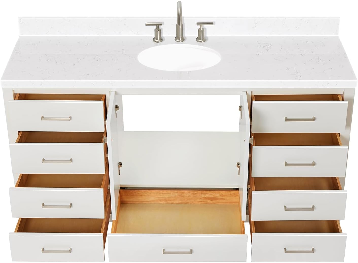 ARIEL Cambridge 66-inch Bathroom Vanity with Sink,Solid Wood, 1.5-inch Carrara White Quartz Countertop & Backsplash, Single Oval Porcelain Sink, 2 Soft Closing Doors, 9 Dovetail Drawers, White