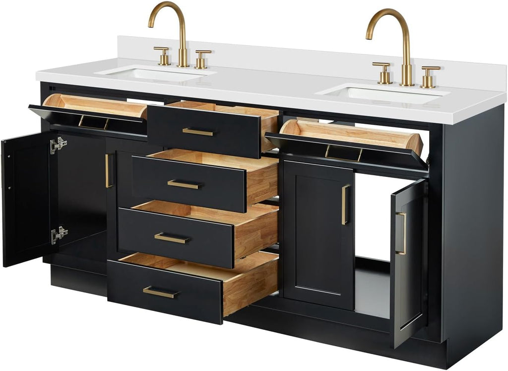 DKB Isabella 72 Inch Bathroom Vanity Double Sink — Black Bathroom Vanity with Sink, 1.5' Edge Pure White Quartz Countertop, 4 Soft-Close Doors, 4 Dovetail Drawers, and 2 Tilt Drawers