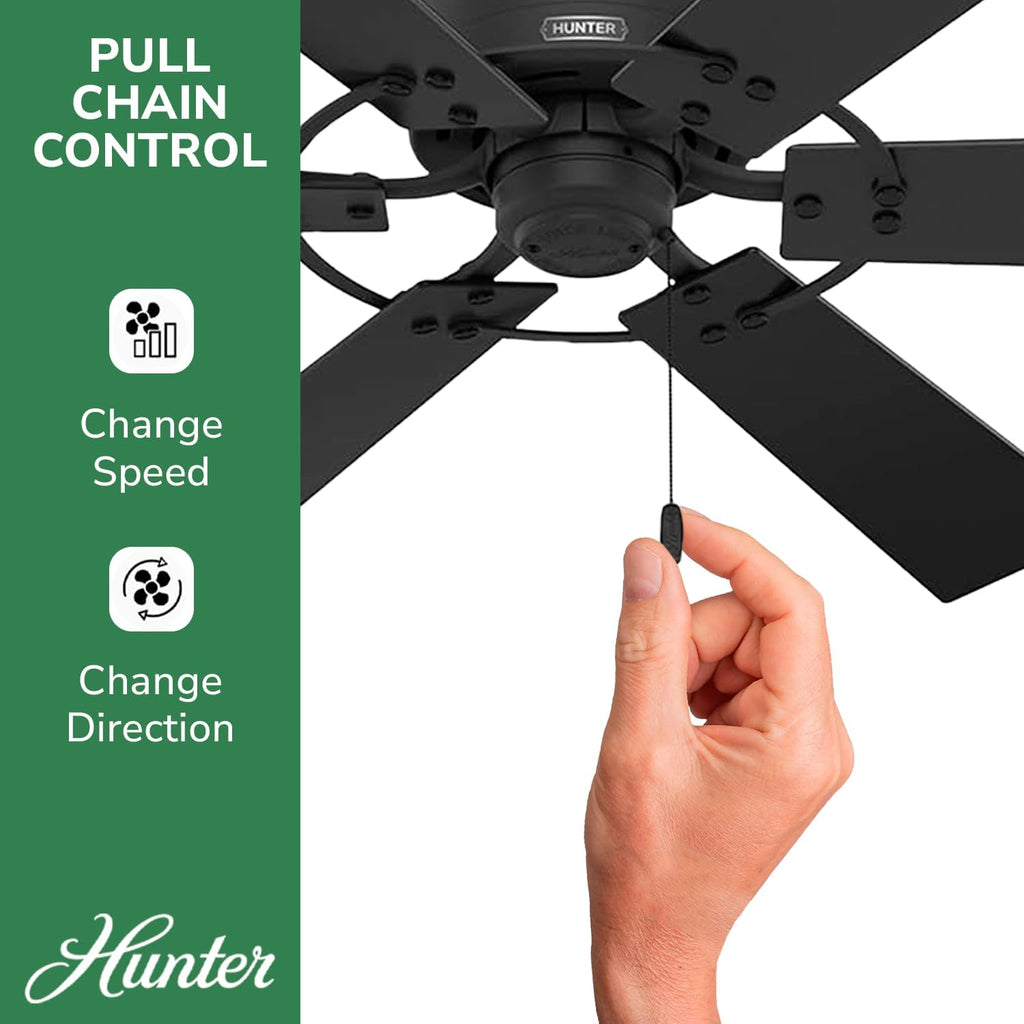 Hunter 52 inch Indoor Ceiling Fan No Light - Black Ceiling Fan without Light, 6 Blades, Standard Mount, For Bedroom, Living Room, or Kitchen, Pull Chain - Gilrock 51817, Matte Black