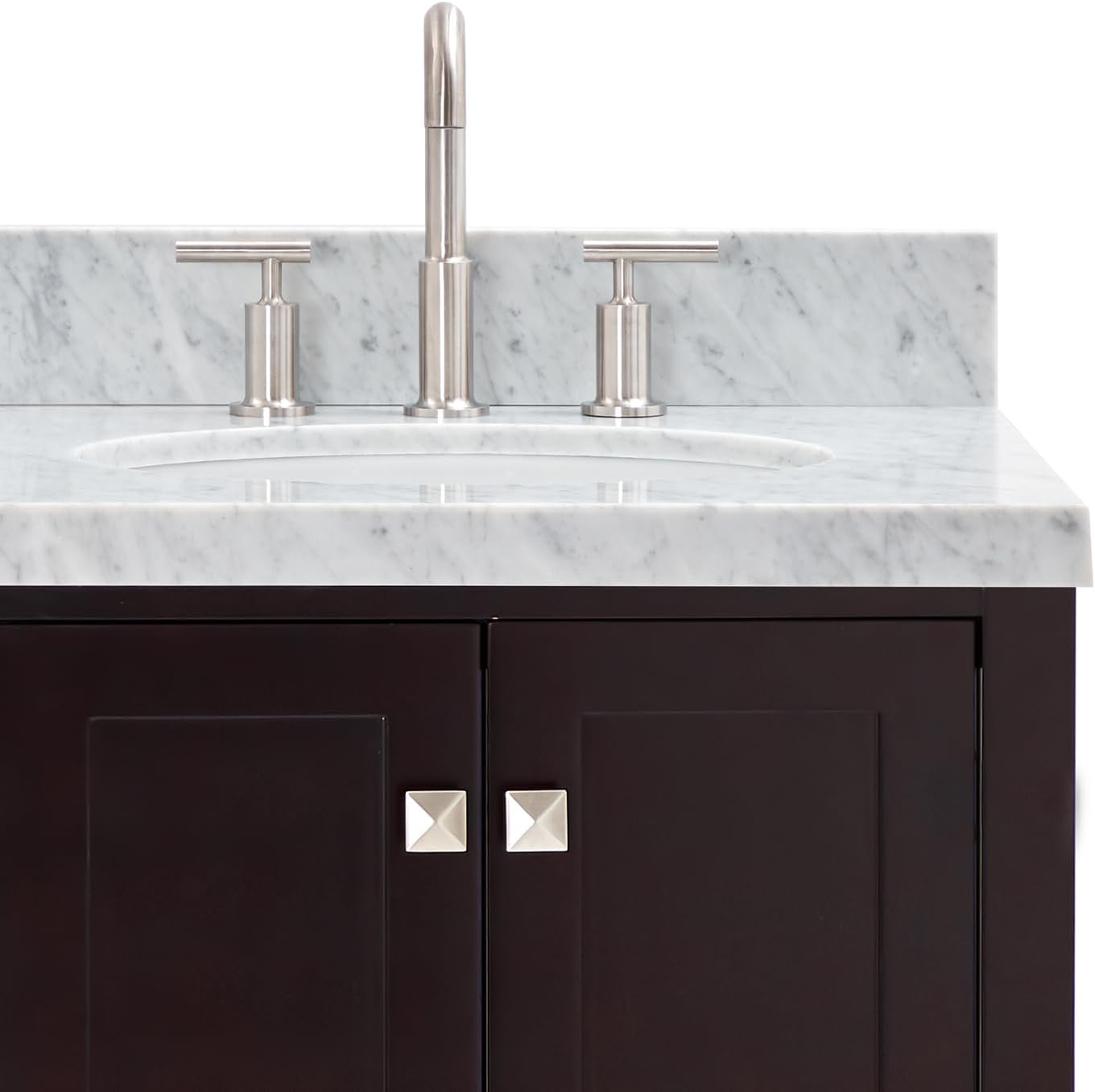 ARIEL Cambridge 66-inch Bathroom Vanity with Sink,Solid Wood, 1.5-inch Italian Carrara Marble Countertop & Backsplash, Double Oval Porcelain Sink, 4 Soft Closing Doors, 6 Dovetail Drawers, Espresso