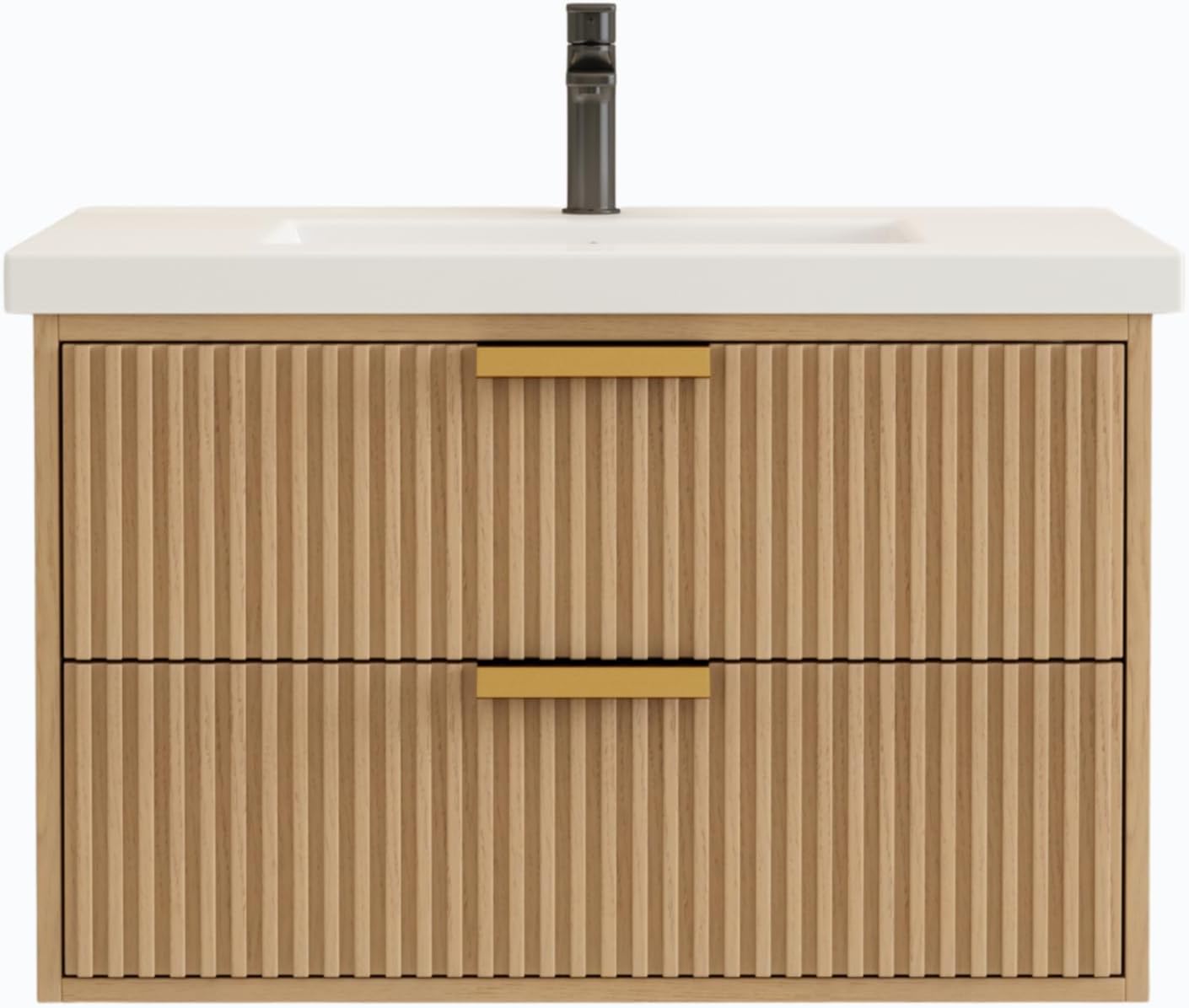 Modern 30' Floating Bathroom Vanity with White Sink in Oak Gray, Solid Wood, Fully Assembled, Single Sink