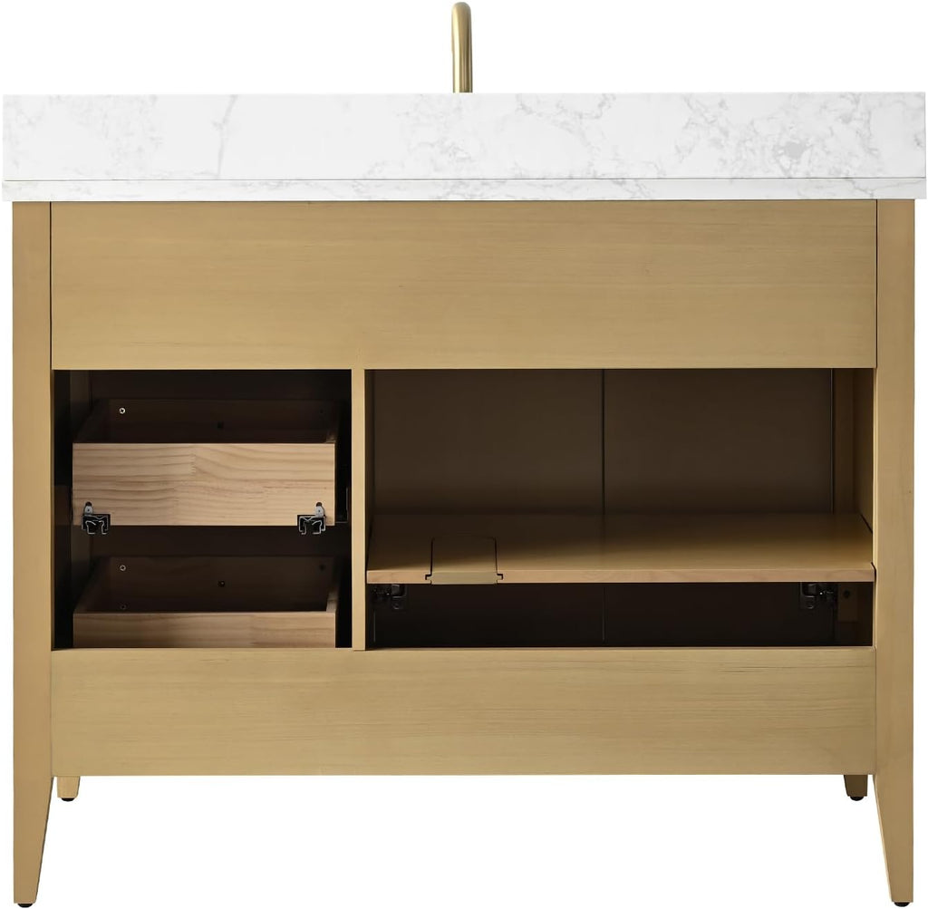 HOMEBEYOND 42' Bathroom Vanity with Sink, Solid Wood Bathroom Vanity Free-Standing Cabinet, Drawers, Ceramic Top & Soft Closing Door, Golden Brushed Handware, Natural Oak