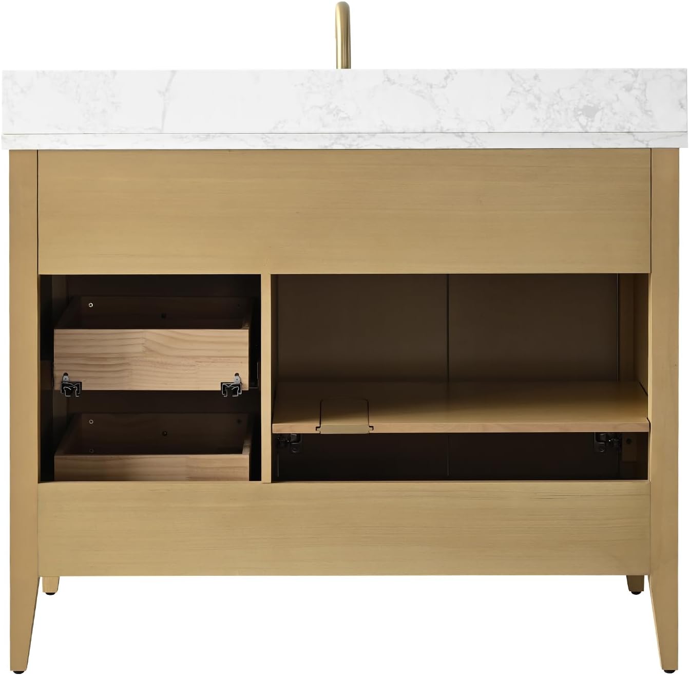 HOMEBEYOND 42' Bathroom Vanity with Sink, Solid Wood Bathroom Vanity Free-Standing Cabinet, Drawers, Ceramic Top & Soft Closing Door, Golden Brushed Handware, Natural Oak