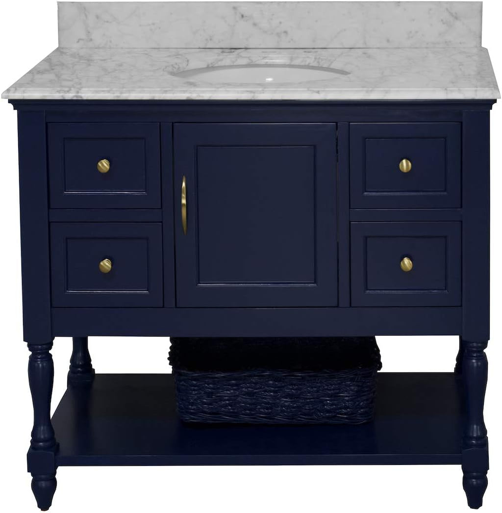 Beverly 42-inch Bathroom Vanity (Carrara/Royal Blue): Includes Royal Blue Cabinet with Authentic Italian Carrara Marble Countertop and White Ceramic Sink