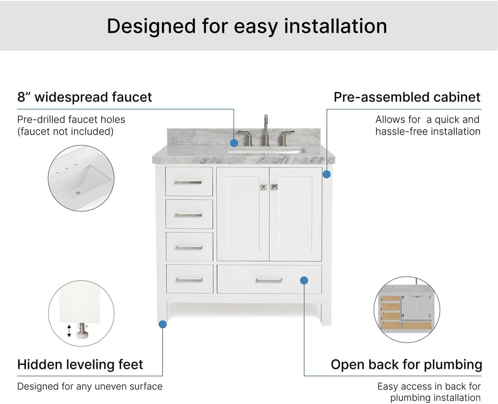 ARIEL Cambridge 36-inch Bathroom Vanity with Sink,Solid Wood, 1.5-inch Italian Carrara Marble Countertop, Single Rectangular Porcelain Sink, 2 Soft Closing Doors, 5 Dovetail Drawers, White