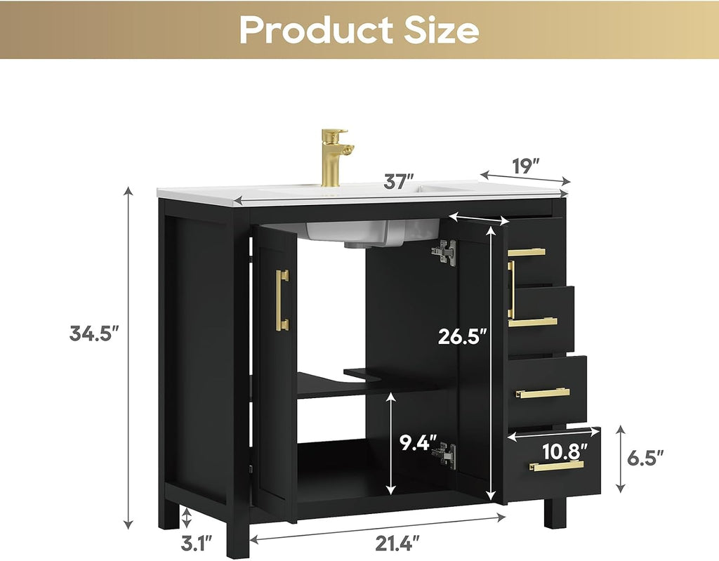 36 Inch Bathroom Vanity with Sink, Black Single Sink Bathroom Vanity with Adjustable Feet, Modern Bathroom Sink Cabinet with Soft-Closing Doors & Drawers, Integral Top