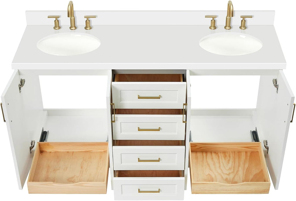 DKB Emilia 66-Inch White Double Bathroom Vanity, 1.5-Inch Edge Pure White Quartz Countertop & Backsplash, Oval Undermount Sinks, 4 Soft Closing Doors, 6 Dovetail Drawers, Toe Kick, Satin Brass